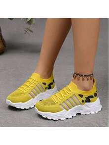 Women's Fashion Low - Top Single - Sole Shoes, White Sneakers, Mesh - Ventilated Sports Shoes, Retro Shoes, Korean - Style Casual Shoes - 黃色 - 查看 3