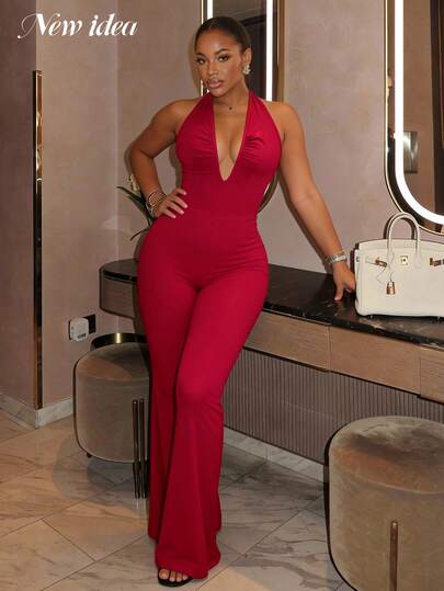 Women's Red Spaghetti Strap Flare Jumpsuit, Elegant Sexy Fashion Pleated Jumpsuit, Women's Party Jumpsuit, Elegant Party Outfit, Fitted Jumpsuit