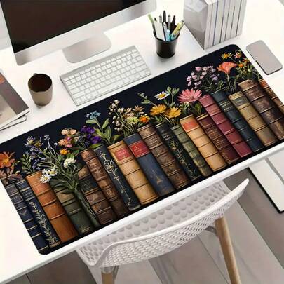 Tappetino per mouse con fiori carini, stile retrò libri, tappetino da scrivania extra large 90x40 cm, tappetino per tastiera da ufficio, antiscivolo con bordo cucito, base in gomma, accessori da scrivania per ufficio e casa, regali di Natale per ragazze, donne e uomini