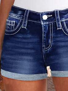 Women's Large-Size High-Waisted Stretch Blue Washed Denim Shorts With Embroidered Back Pocket, Retro Rolled Edge Design, Tight Fit, Slimming Effect, Fashionable And Versatile. Women's Large-Size Denim Shorts. - Hải quân - Xem 5