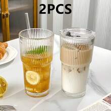 Bộ 1 cốc thủy tinh kẻ sọc có ống hút và nắp, bình nước di động kiểu dáng tối giản, cốc thủy tinh kẻ sọc dọc, cốc cà phê/nước ép chất lượng cao có thể tái sử dụng, bình đựng đồ uống đa chức năng, thích hợp cho gia đình, văn phòng, bãi biển, các bữa tiệc khác nhau, dùng được cho cà phê, trà, rượu whisky, sữa, Americano đá và Latte. - Trong sáng - Xem 17