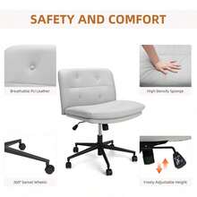 Silla de oficina sin brazos con ruedas, Silla de escritorio giratoria y ajustable en altura de 360 °, Asiento ancho de cuero de PU para el hogar, la oficina, la computadora, la vanidad, el uso del estudio - Gris - Ver 4