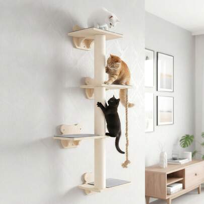 OYAJIA Cat Scratching Activity Tree Wall Mounted, 120 Cm Jute Scratch Post For Large Cats, Kittens With Platform, Rubber Wood, Large