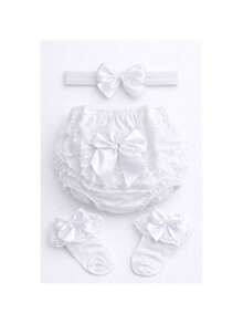 White Baptism Panty Set For Baby With Satin Bow And Half Band, Ruffled Lace Panty - PP - 6 to 12 Months - View 2