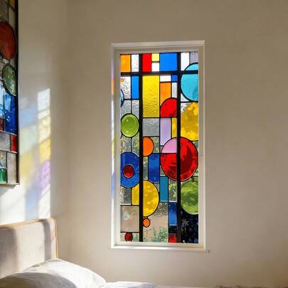 1/5pcs European Style Static Cling Window Stickers, Removable Waterproof PVC Material, Colorful Geometric Pattern Design, Suitable For Bedroom And Home Decor