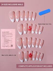 24片杏仁形粉色花朵美甲贴纸，带金属珠，白色法式尖头设计，适用于亚克力指甲。套装包含：1瓶果冻胶和1把指甲锉。花卉法式美甲，适合夏季、日常工作、节日和派对等场合，女性适用。 - 彩色 - 查看 3