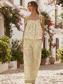 Women's Summer Pajamas Set Stylish Floral Print Tie Shoulder Tops With Pants Lounge Wear 2 Pcs Set - 混合色 - 查看 6