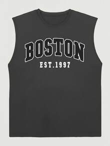 Men's Minimalist Printed Sleeveless Tank Top, Suitable For Everyday Wear - Dark Grey - View 3