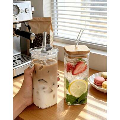 1pc 400ml Square Heat-Resistant Glass Cup With Lid And Straw, Transparent Beverage Cup Suitable For Tea, Juice, Home, Bar, Office, School, New Year, Valentine's Day, Mother's Day, Father's Day, Summer, Graduation, Back To School Gift