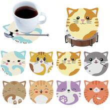 8pcs DIY Diamond Painting Coaster Set With Stand - Cat Theme, Round And Asymmetrical Diamond Shapes, Wooden Craft Kit, Suitable For Adults And Beginners - View 1