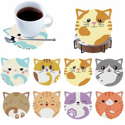 8pcs DIY Diamond Painting Coaster Set With Stand - Cat Theme, Round And Asymmetrical Diamond Shapes, Wooden Craft Kit, Suitable For Adults And Beginners