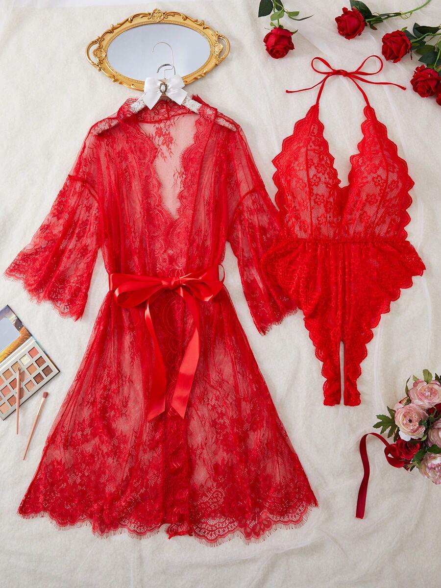 蕾丝性感连体裤组合，完美睡衣套装 - 紅色 - 查看 1