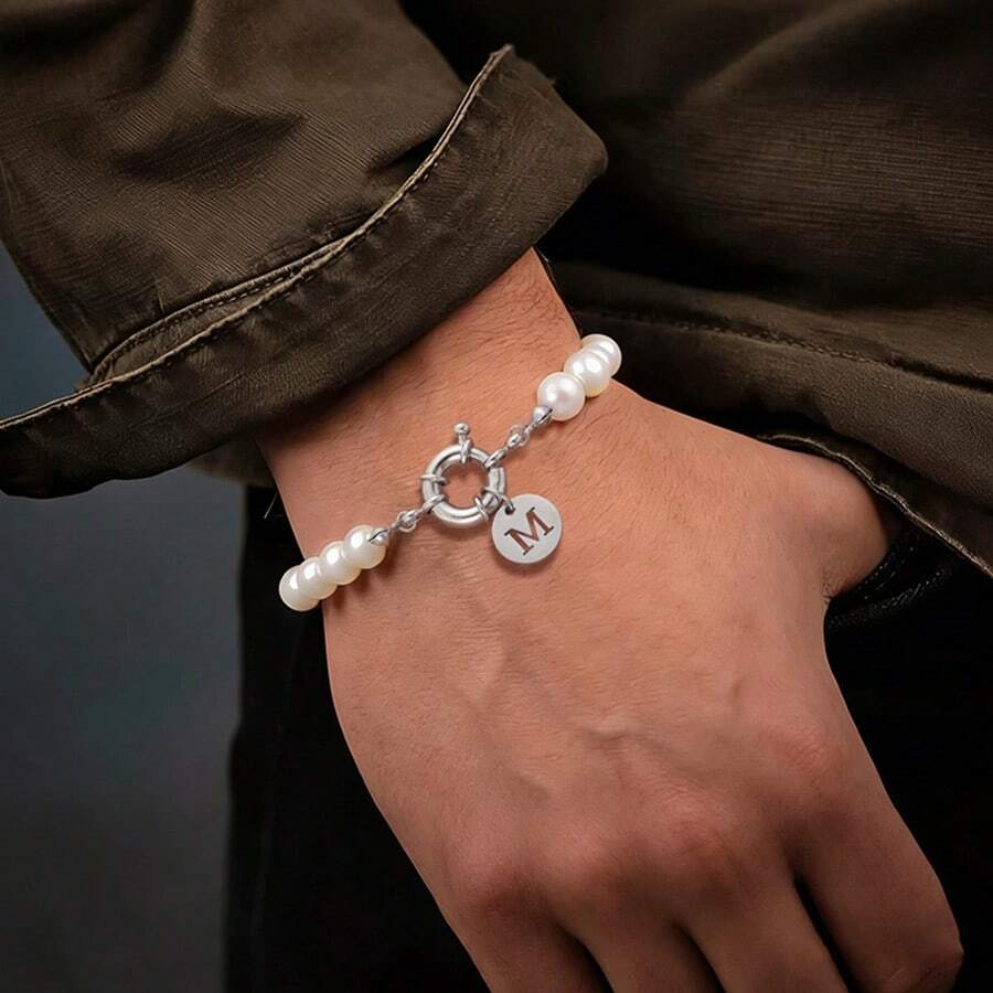 1pc New Classic Silvery Round Hollow Initial Pendant Spring Buckle Faux Pearl Beaded Bracelets For Men - White - View 1