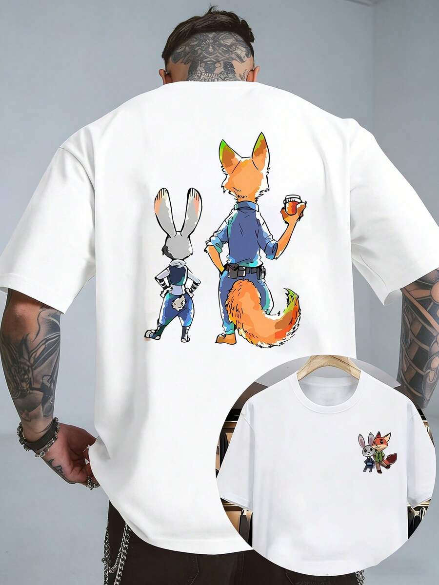Licensed By Disney, Zootopia Animated Print-And Relaxed Nick, Comfortable Casual Men's Crew Neck T-Shirt, Daily Comfortable Wear Street Fashion , Essential For Disney Fans - White - View 1