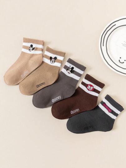 Disney 5 Pairs Kids Crew Socks, With Embroidered Mickey And Friends Patterns, Striped Design In Classic Black & White And Colorful Mix, Perfect Holiday Gift For Children, Random Styles