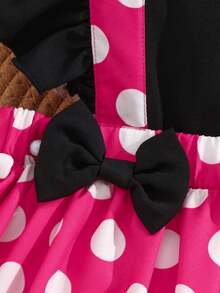 Frühling/Sommer Baby Mädchen süßes Kleid mit flatternden Ärmeln und Polka Dots mit 3D Schleife + Stirnband, geeignet für den täglichen Gebrauch des Babys, Geburtstagsparty oder Urlaubsoutfit - Heißes Pink - Übersicht 3