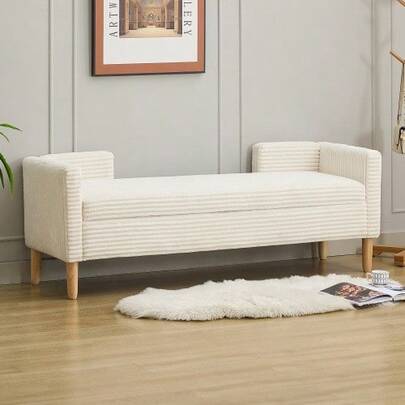 Velvet Storage Footstool With Armrests, Backrest And Two Roll-Up Cushions – For Living Room, Xuanguan And Bedroom, Ivory