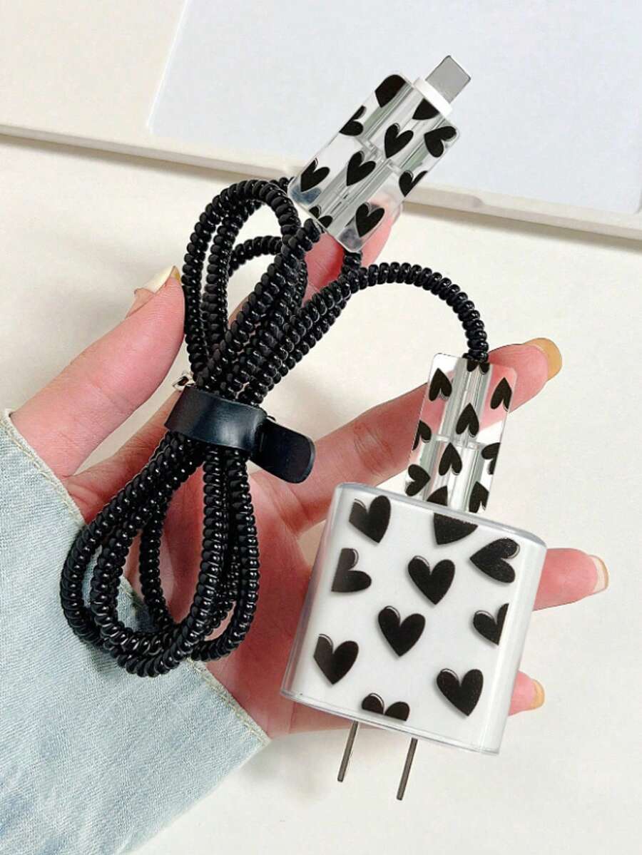 5 piezas Cubierta de cargador con patrón de corazón y protector de cable de datos en espiral compatible con cargador Apple - Negro - Ver 1