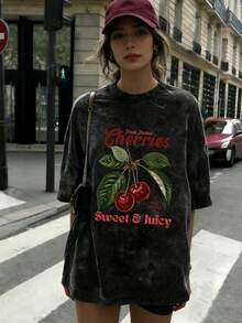 夏季新款简约时尚樱桃甜美水果风格字母印花休闲圆领扎染短袖T恤，时尚百搭女式上衣 黑色 - 黑色 - 查看 7