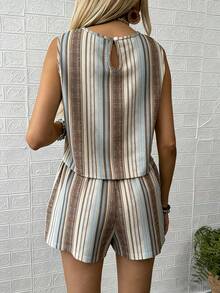 Conjunto de top de tirantes de cuello redondo a rayas y pantalones cortos para mujer, ropa casual de estar en casa/oficina para el verano - Multicolor - Ver 3