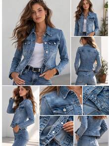 Simple Women's Blue Denim Jacket, Denim Jacket, Collar, Straight Cut, Button Closure, 4 Pockets, Slightly Elastic Material, Hip Length, Casual, Spring/Summer - Blue - View 3