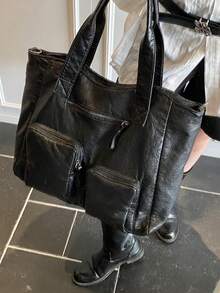 Black PU Leather Crocodile Texture Large Capacity Tote Bag, Multi-Pocket Design Suitable For Various Occasions, Can Be Worn As Shoulder Or Crossbody Bag, Adjustable Strap, Fits 16-Inch Laptop, Files, Great For Shopping, Travel, Holidays, Casual, Soft Texture - Black - View 5