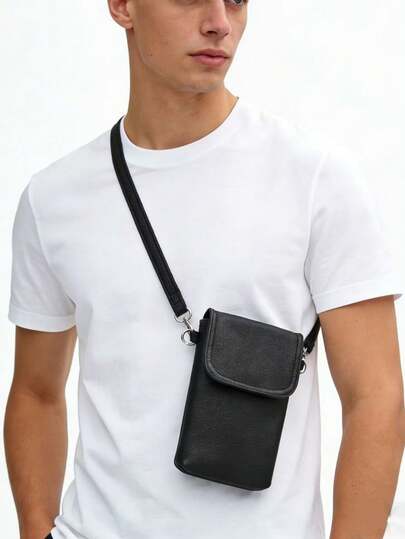 [Genuine Leather Phone Bag] Men's Genuine Leather Crossbody Phone Bag, Casual Shoulder Mini Bag, Multi-Functional ID Bag, Street Fashion Waist Bag, Black Litchi Pattern Business Commuter Bag, Lightweight And Durable Chest Bag, Youth And Student Personal Bag, Unisex Mini Bag