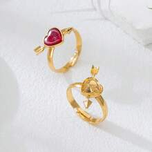 一套心形情侣戒指，优雅可爱，情人节订婚戒指礼物 - 金色 - 查看 5