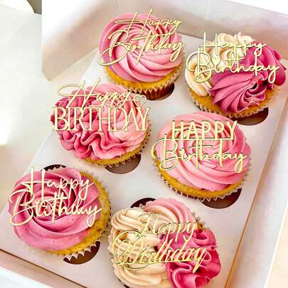 5 Pieces Mini Size Happy Birthday Acrylic Sweet Dessert Decoration Cupcake Topper For Mother's Day And Father's Day