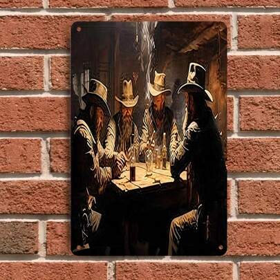 1pc Vintage Western Saloon Retro Metal Wall Art, Decorative Painting For Bar, Cafe, Living Room, Study, American Country Style 2D Flat Metal Wall Decor