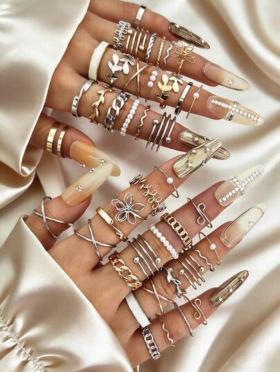 Geometric Pearl Flower & Leaf Design Ring Set For Women