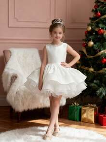 年轻女孩优雅可爱珍珠蝴蝶结露背无袖派对礼服，公主裙，适合生日、婚礼、聚会、舞会 - 白色 - 查看 3