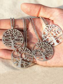 Colar Personalizado com Árvore da Vida, Pingente Personalizado da Árvore da Vida com Areia Brilhante 2-9 Nomes, Colar Personalizado com Pingente de Aço Inoxidável Prateado ou Dourado com Nome Personalizado de Membro da Família, Joia Personalizada, Aniversário, Festa, Presente Familiar - Areia Prensada de Prata - Visão 3