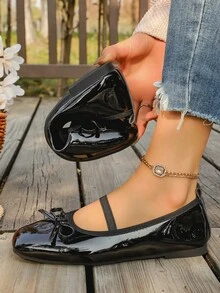 Giày bệt nữ thời trang mũi vuông bằng chất liệu PU, trang trí nơ, kiểu giày lười xỏ chân với đế PU và lót giày thoải mái, phù hợp cho mọi mùa. - màu đen - Xem 3