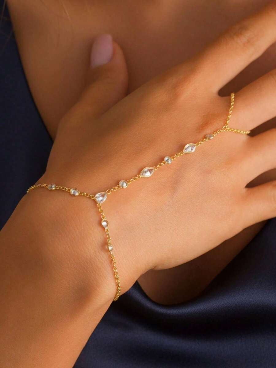 1件装奢华金色水钻多层手指手链，简约百搭精致首饰，女士礼物 - 金色 - 查看 1