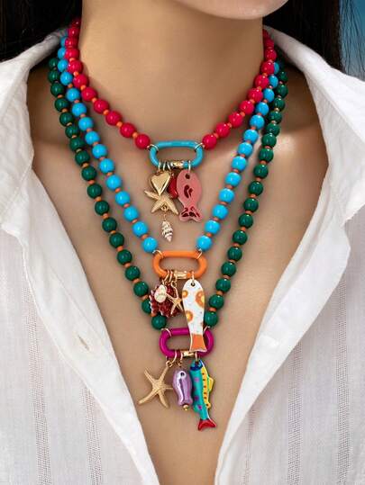 1 pieza Collar de cuentas de resina multicapa con encantos de peces y estrellas de mar de estilo playero de verano para mujeres, joyería bohemia con colgantes de peces y estrellas de mar adecuada para vacaciones y fiestas en la playa