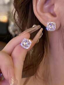 1 Pair Square Zirconia Crystal Stud Earrings, Minimalist Fashionable Elegant Earrings Suitable For Women's Daily Wear - White - View 8