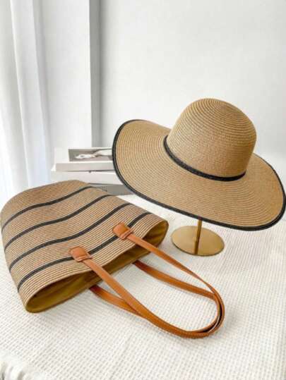 女士夏季波西米亚风大檐草帽和大容量包包套装，时尚优雅沙滩度假旅行遮阳帽和单肩包，适合户外旅行、购物、工作和日常搭配