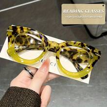 1-Piece New Fashion European And American Style Large-Frame Cat-Eye Spring-Loaded Wide Temple Women's High-Definition Reading Glasses, Suitable For Everyday Wear Without Makeup, Can Complement Outfits And Modify The Face Shape, And The Spring-Loaded Temples Do Not Pinch The Face When Worn - 綠豹 - 查看 7