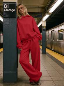 Women's Oversized Hoodie & Wide Leg Pants 2 Piece Set - Casual Streetwear Outfit Solid Color Hooded Sweatshirt & Loose Pants Set - Versatile Everyday Loungewear Casual Hoodie & Wide Leg Pants Matching Set - Essential Fall Winter Two-Piece Outfit    Gym Clothes Women Vacation Outfits Women Sweaters For Women Ropa Deportiva Hoodies Summer Outfits For Women Workout Clothes For Women Long Sleeve Tops Womentwo Piece Set Women Workout Sets Womengym Clothes Womensummer Outfitsvacation Outfits Women - 紅色 - 查看 3
