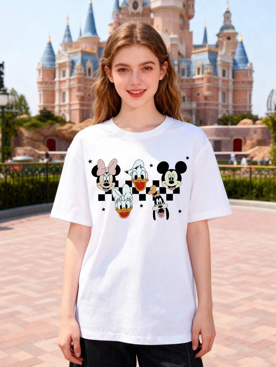 Disney Women's T-Shirt Featuring A Creative Mickey Mouse And Friends Alphabet Cartoon Print Design Spring/Summer Women's Crew Neck T-Shirt Soft And Comfortable 100% Cotton Fabric A Stylish Disney Women's Graphic Tee Perfect For Everyday Wear, Outings, Travel, And Leisure Also Makes An Exquisite Gift - 白色 - 查看 1