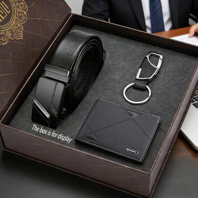 Set de 3 piezas de moda empresarial minimalista para hombres: Billetera duradera + Cinturón + Llavero, accesorios diarios esenciales para el lugar de trabajo, regalo ideal para el Día del Padre, cumpleaños, aniversario para padre, novio, esposo, amigo