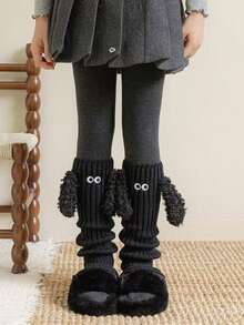 1 Pair Girls' Warm Fuzzy Puppy Patterned Leg Warmers, Cute Cartoon Knitted Leg Warmers For Autumn/Winter - Multicolor - View 2