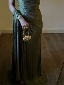 Vestido de noche brillante con volantes y cinta, elegante para fiesta - Verde Oliva - Ver 5