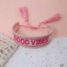 1pc Fashion Handmade Woven Adjustable Size Vintage Tassel Boho Bracelet, Suitable For Women Party, Travel, Daily Wear, Hand Rope - Pink - View 5