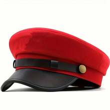 1顶复古装饰帽，皮质帽檐报童帽，多色百搭英式平顶帽 - 光板貝雷帽 - 查看 3