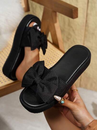 2026 New Elegant Bowknot Platform Wedge Slippers For Women, Sweet Bowknot Design, Open Toe, Waterproof, Available In Black