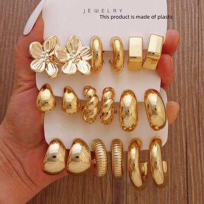 Juego de 3-9 pares de pendientes de moda con baño de oro para mujeres, que incluye diseños de flor, lágrima y en forma de C, elegantes y estilosos, adecuados para uso diario, fiestas y eventos