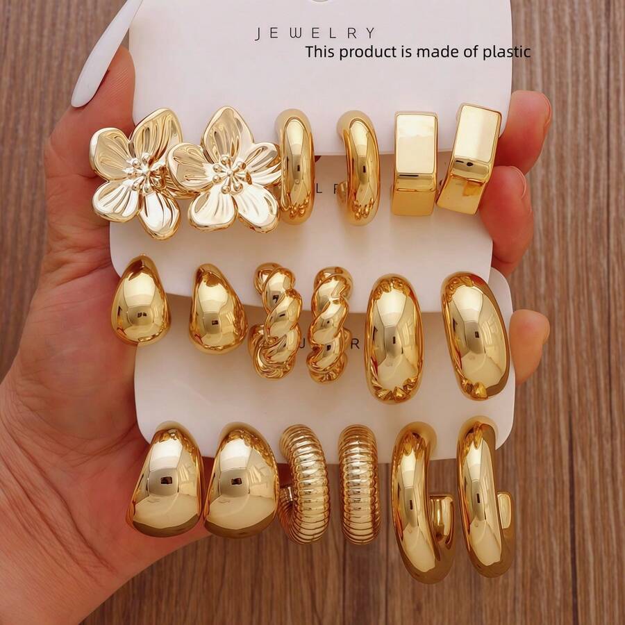 Juego de 3-9 pares de pendientes de moda con baño de oro para mujeres, que incluye diseños de flor, lágrima y en forma de C, elegantes y estilosos, adecuados para uso diario, fiestas y eventos - Estilo 1 - Ver 1