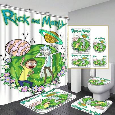 4pcs Rick And Morty Bathroom Set, Includes Waterproof Shower Curtain With 12 Hooks, Cartoon Design Suitable For Adults And Teenagers, Easy Installation And Machine Washable